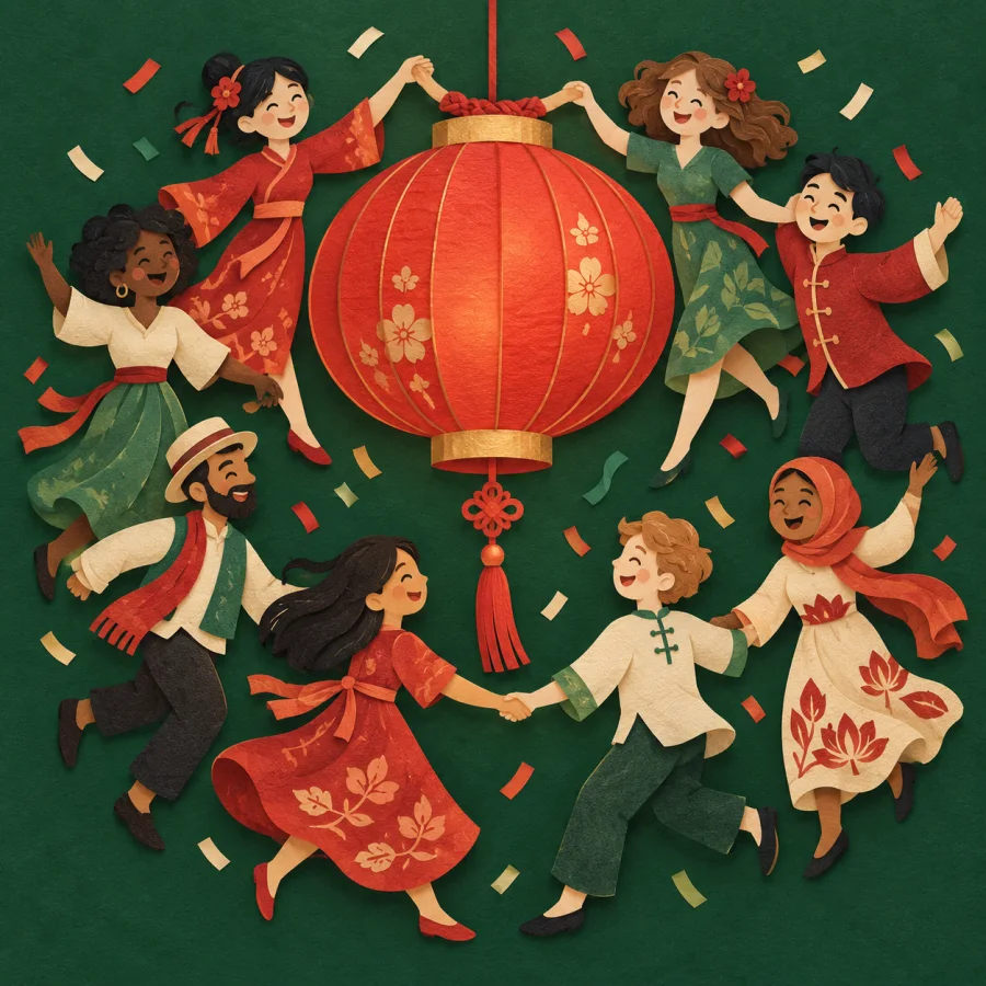 Happy people dance around a big red lantern