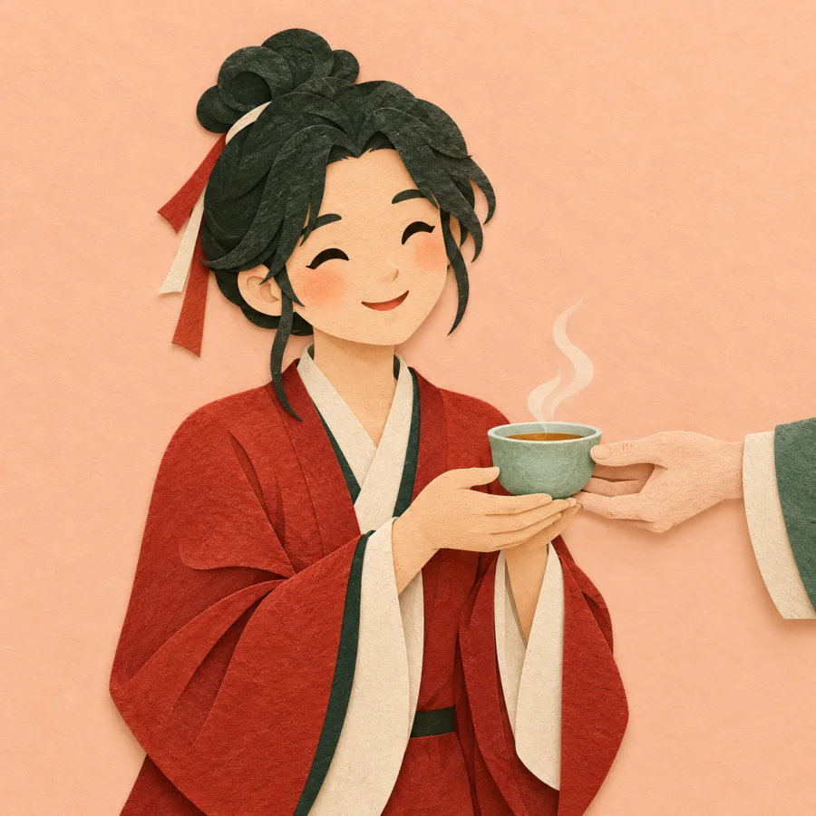 A smiling person accepts a cup of tea