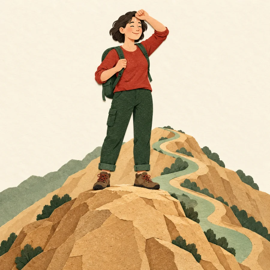 A tired person finally reaches the top of a hill