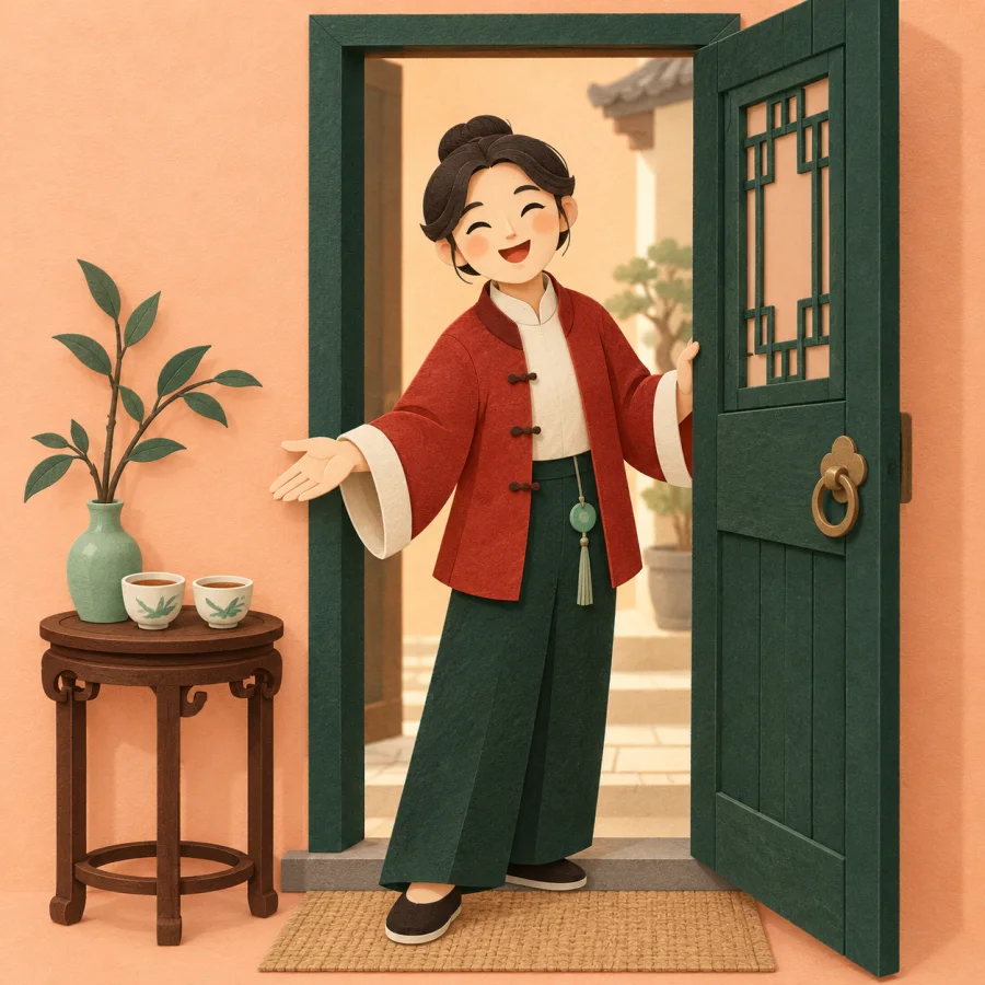 A smiling person welcomes a guest in with tea