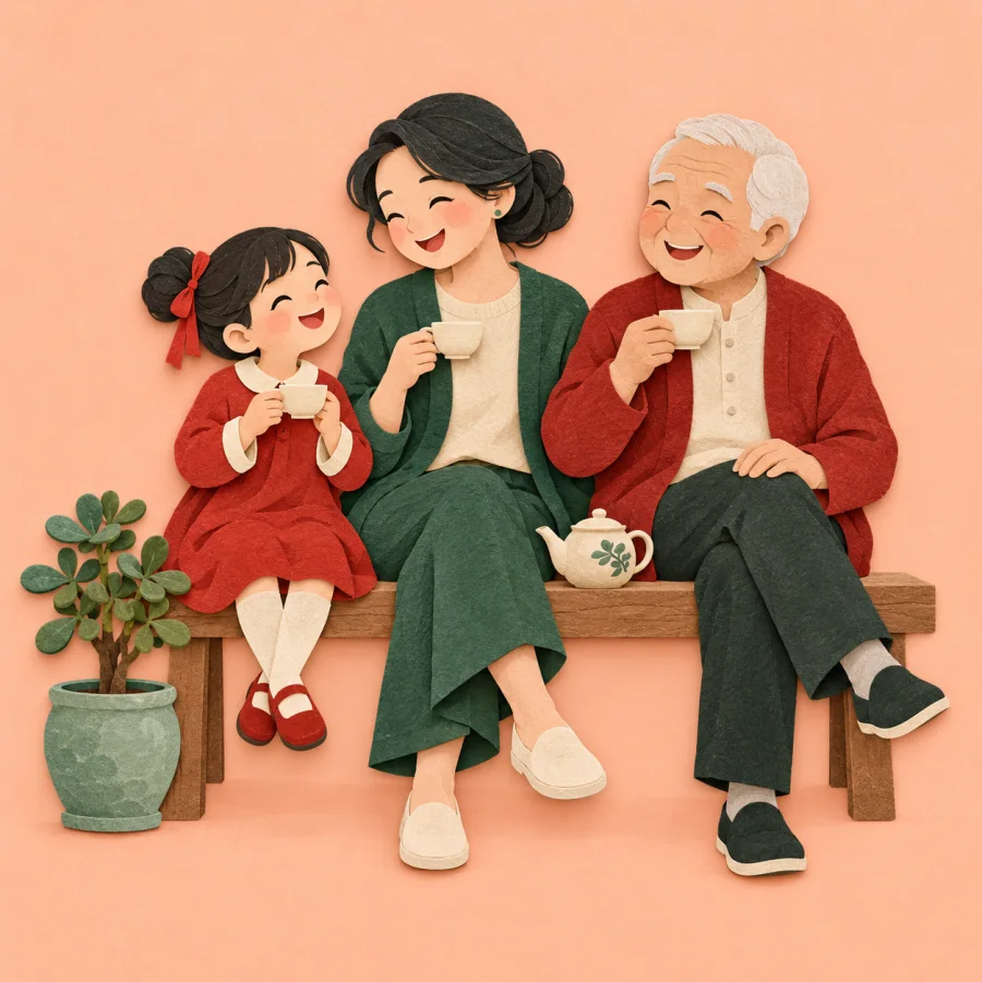 Three people of different ages share tea on a bench