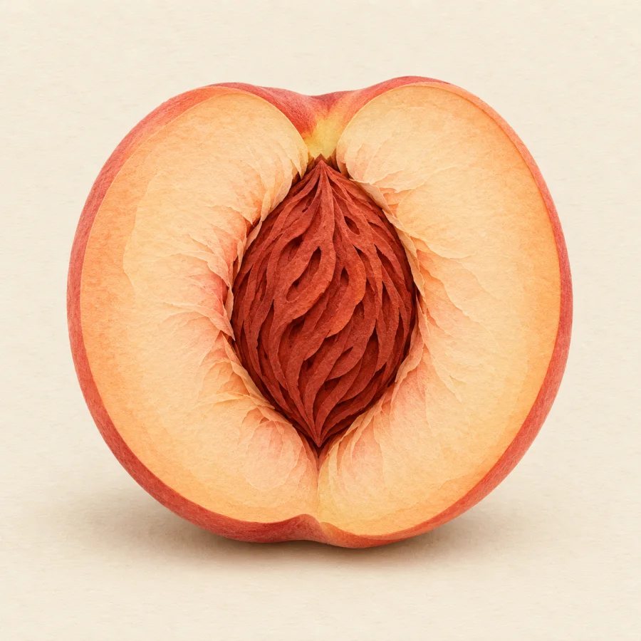 A halved peach with a big red pit at its center