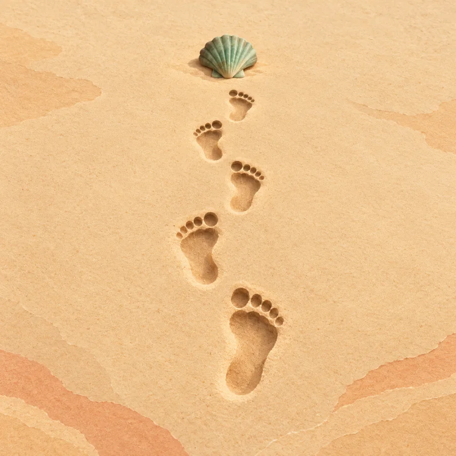 A line of footprints on sand ending at a shell