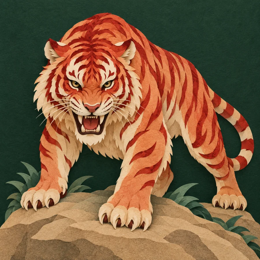 A fierce tiger with bared teeth crouches on a rock
