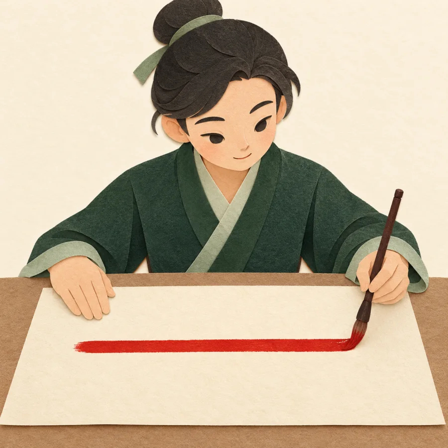 A person brushes a long red line on paper