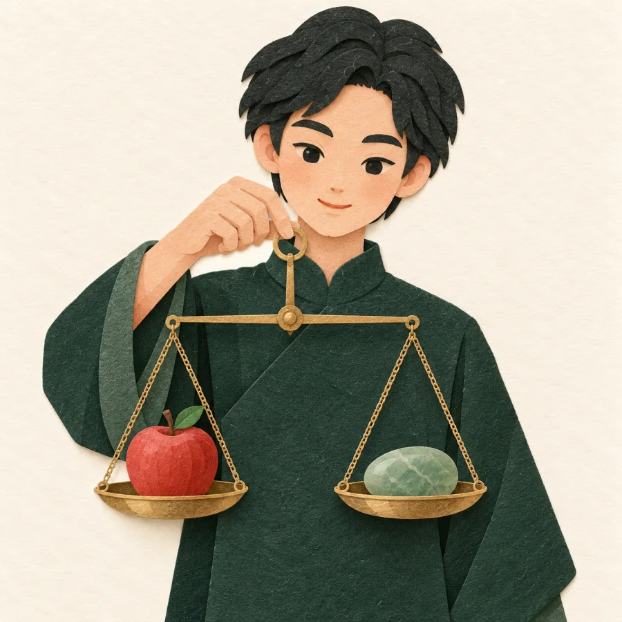 A person holds a scale with an apple and a jade stone