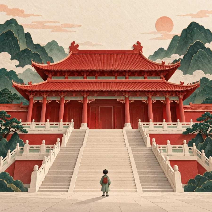 A tiny person before a huge red palace hall