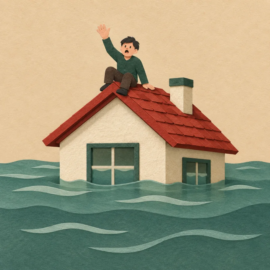 A house in flood water, a person waving from the roof