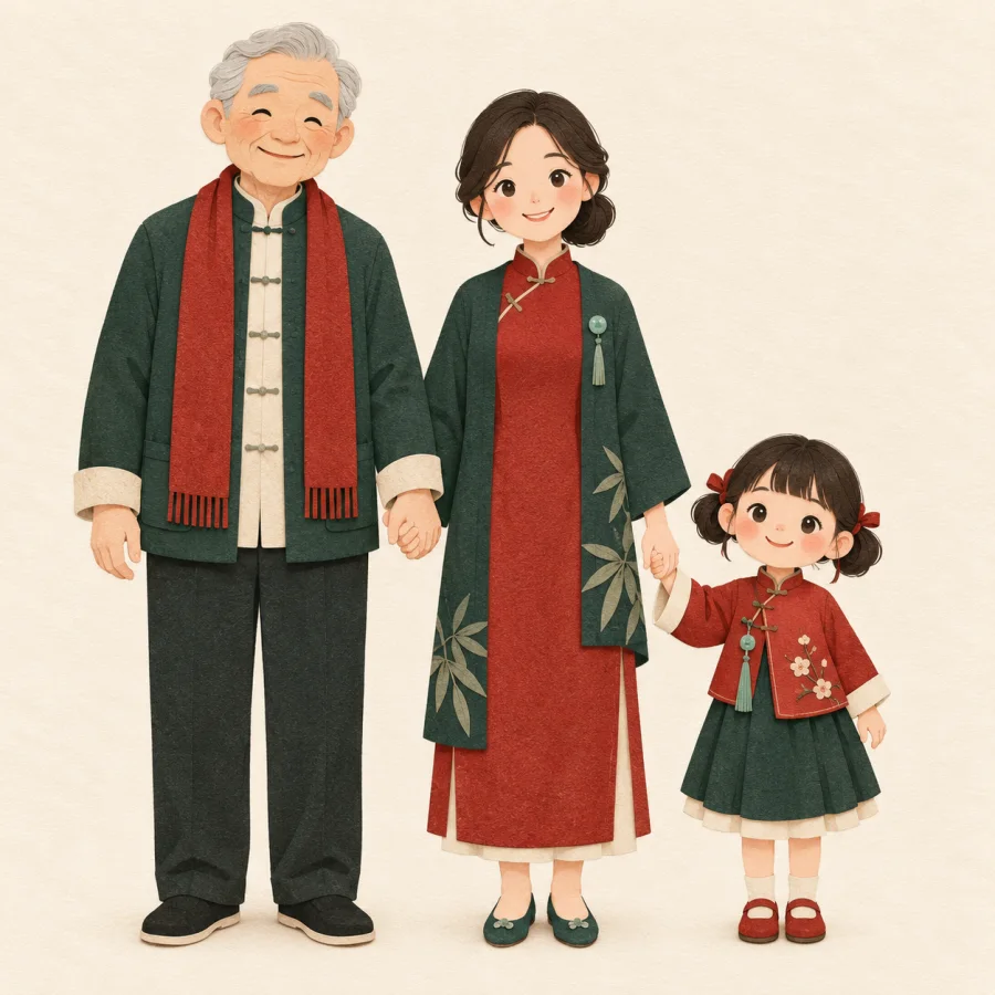 A grandparent, parent and child holding hands in a row
