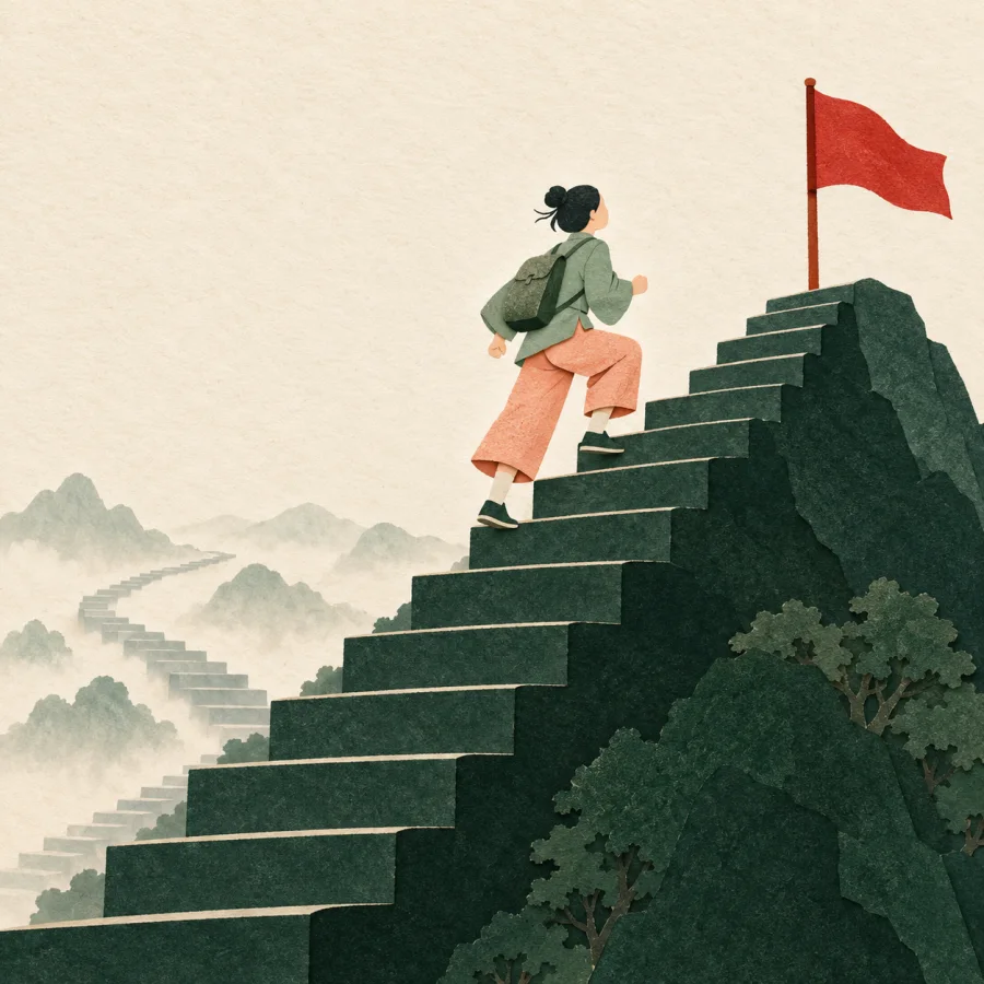 A person climbing the last steps toward a red flag