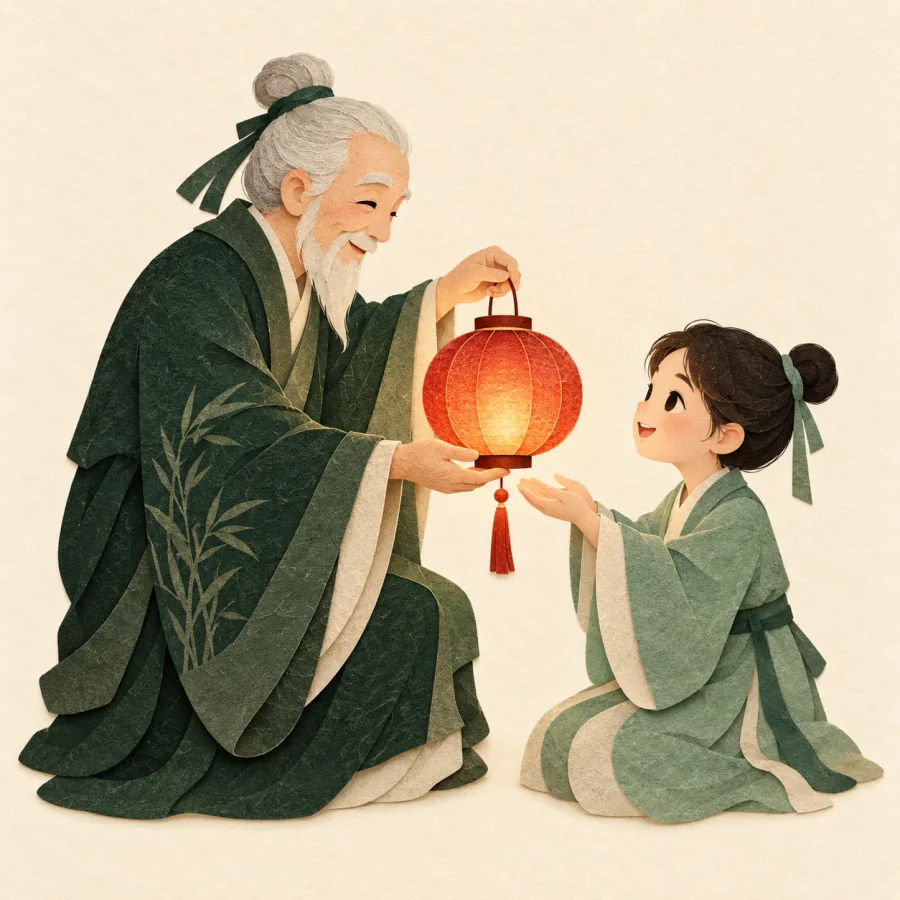 An elderly person handing a lantern to a young person