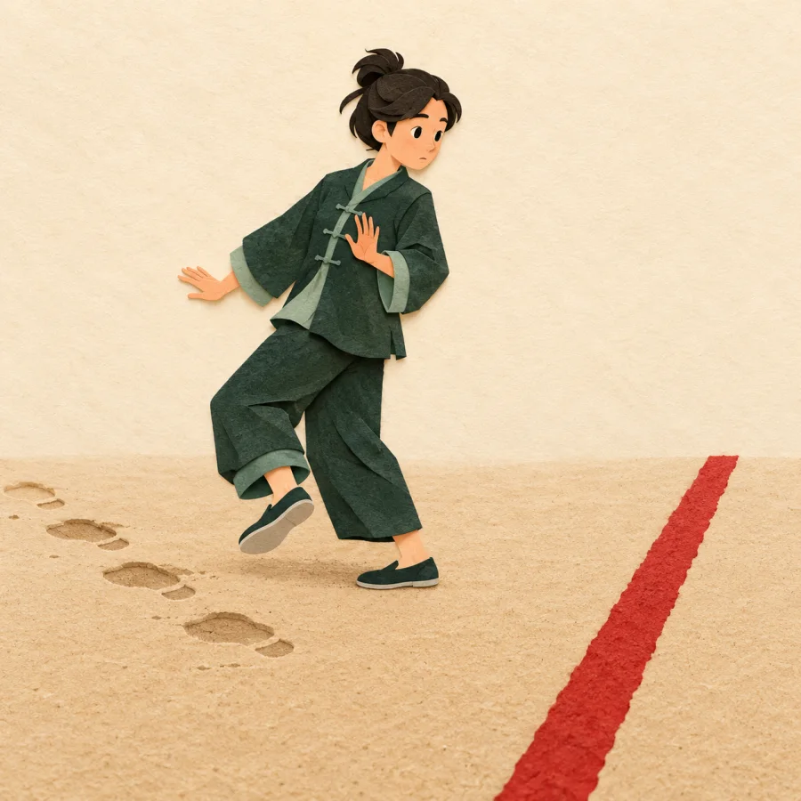 A person stepping backward away from a red line