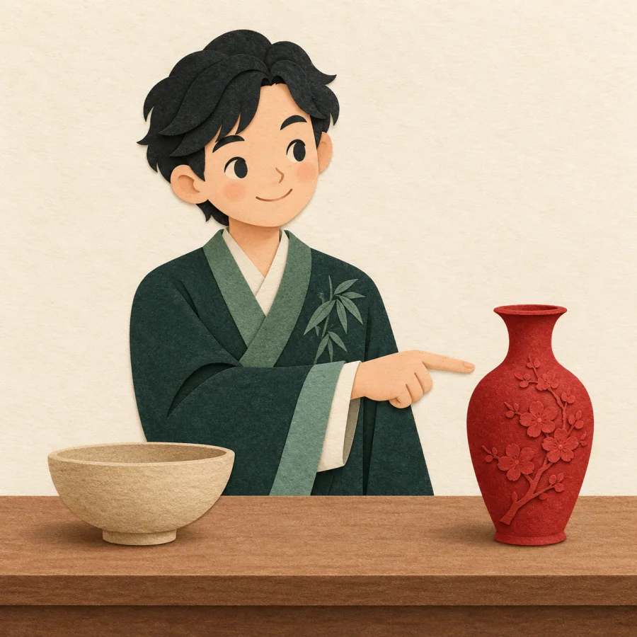 A person pointing at the second of two vases