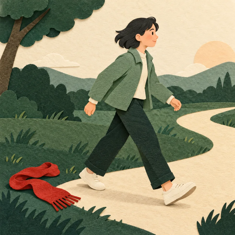 A person hurrying past a dropped red scarf