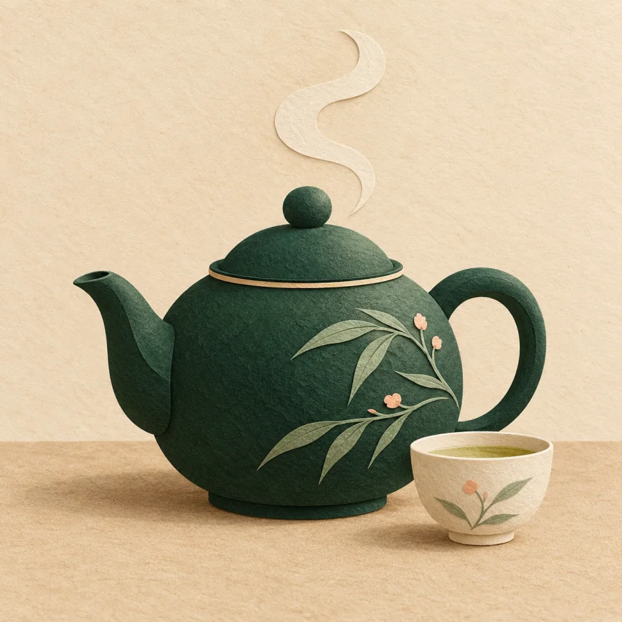 A green teapot steaming on a table beside a cup
