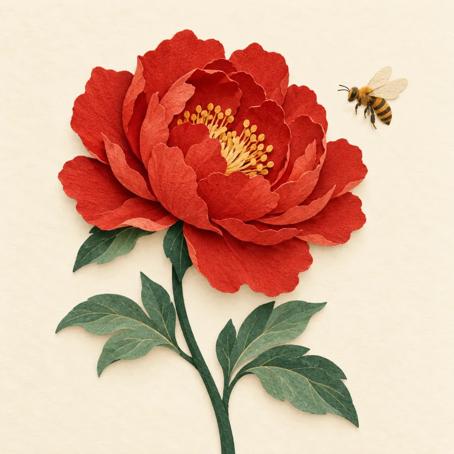 A red flower on a stem with a small bee