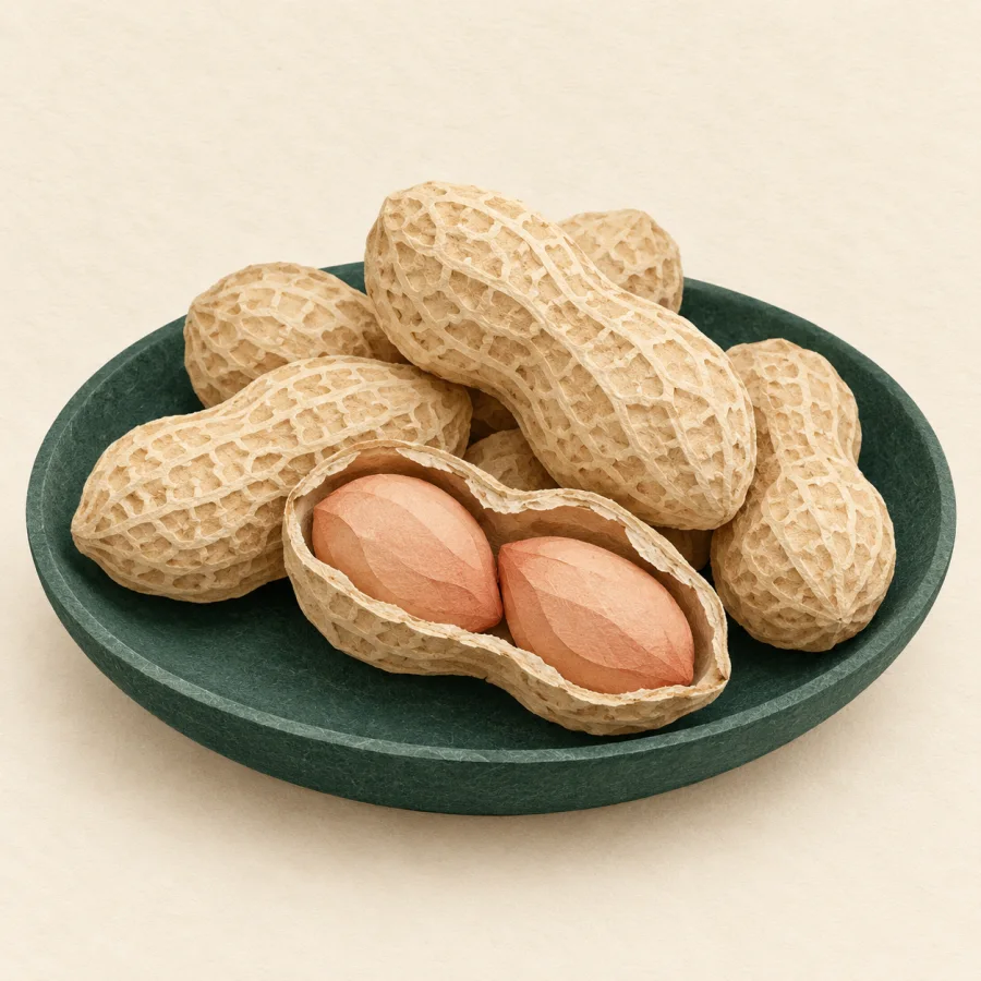 A pile of peanuts in shells on a green dish