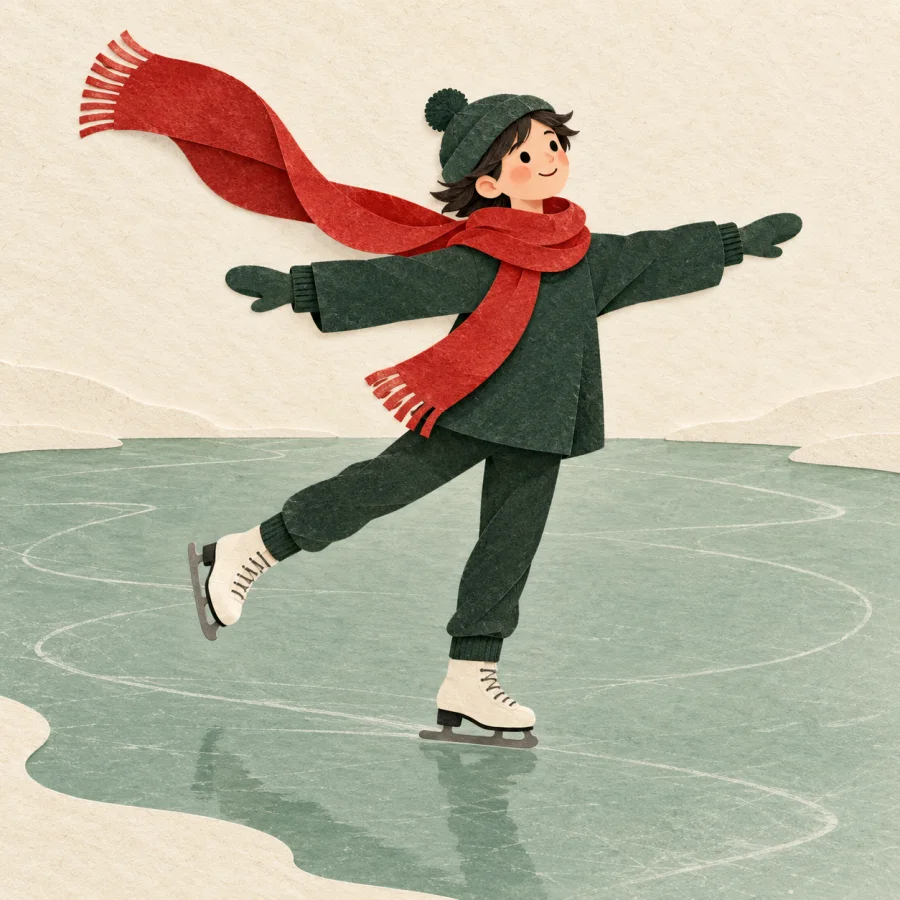 A person in a red scarf skating on ice