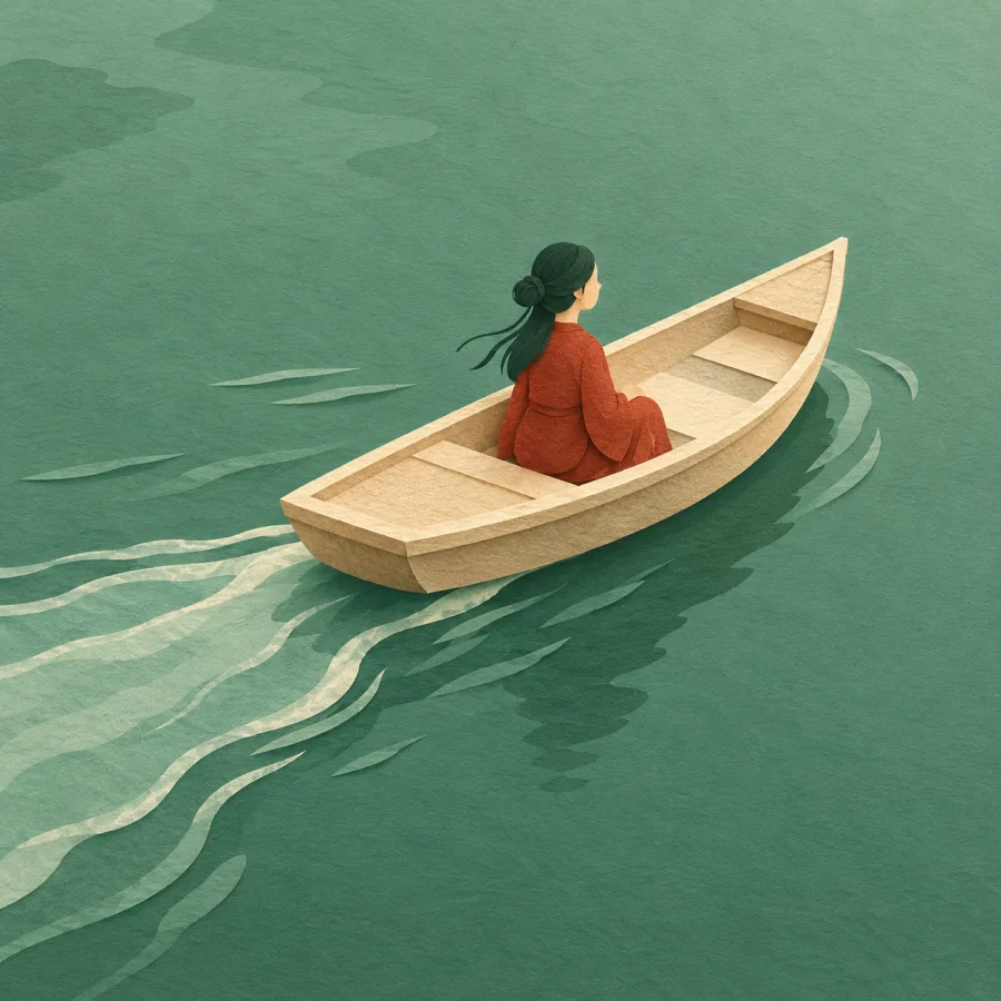 A boat gliding over a calm lake with a wake