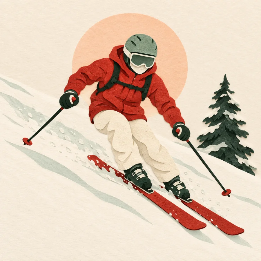 A skier going down a slope past a green fir tree