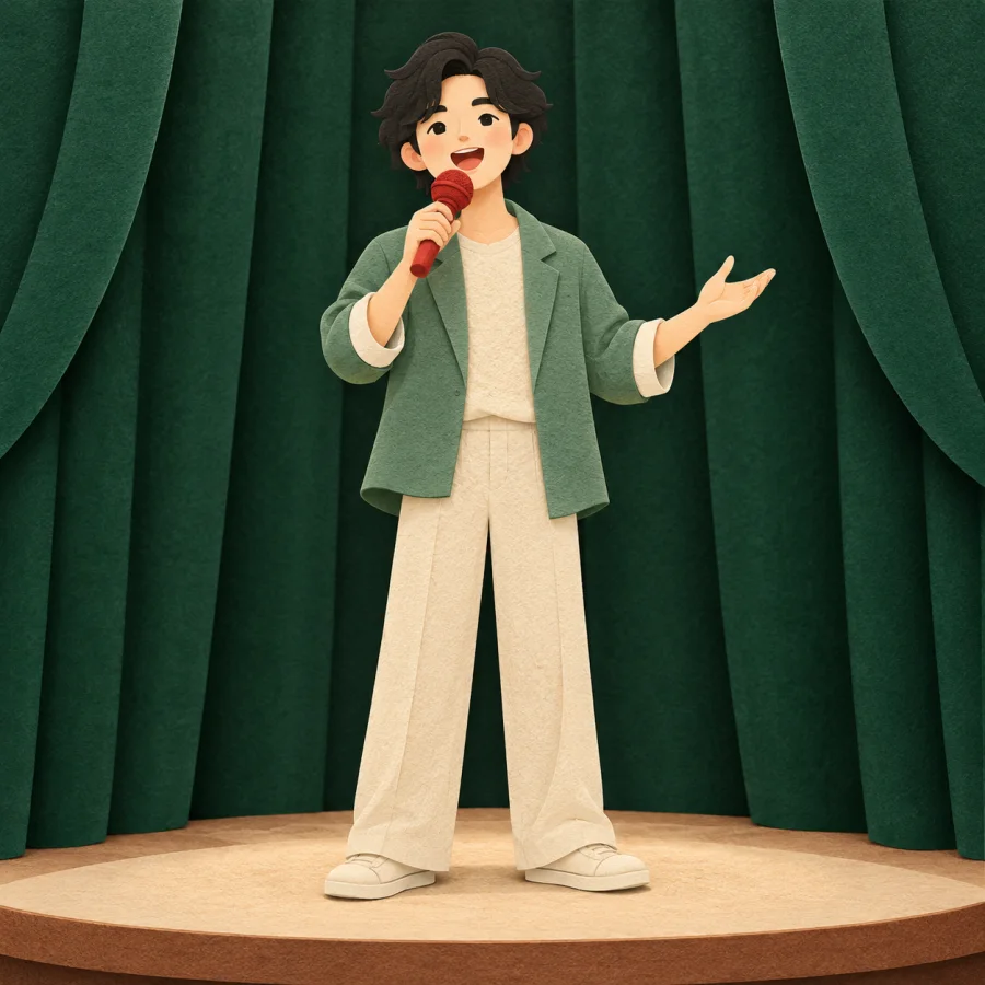 A person speaking into a red microphone on stage