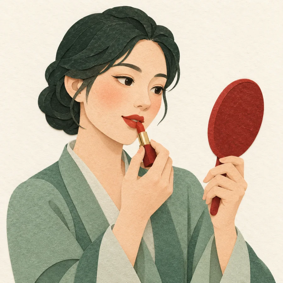 A person applying lipstick in a hand mirror
