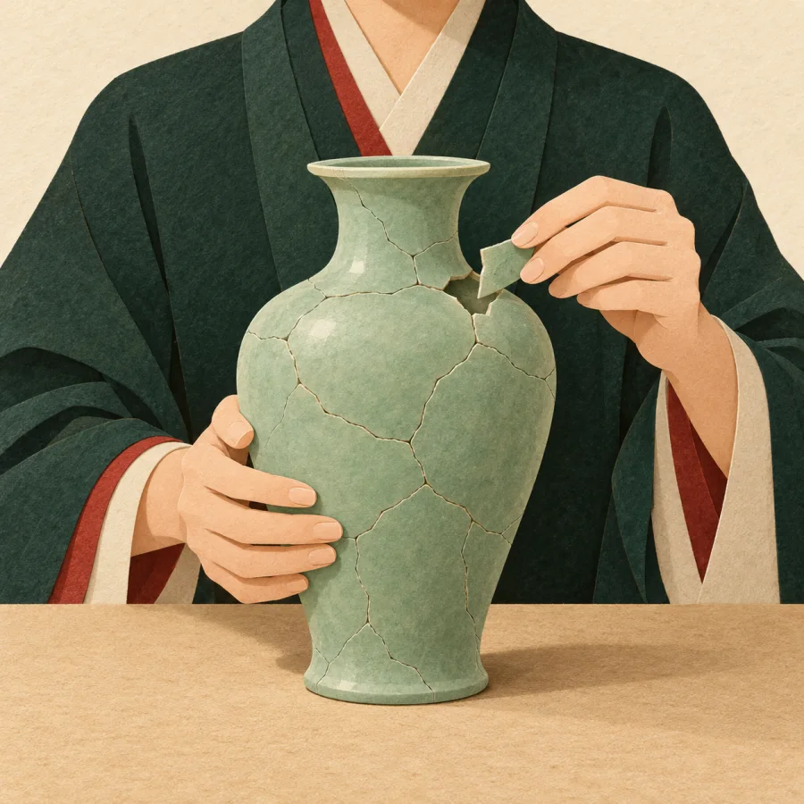 A person fitting the last piece into a vase
