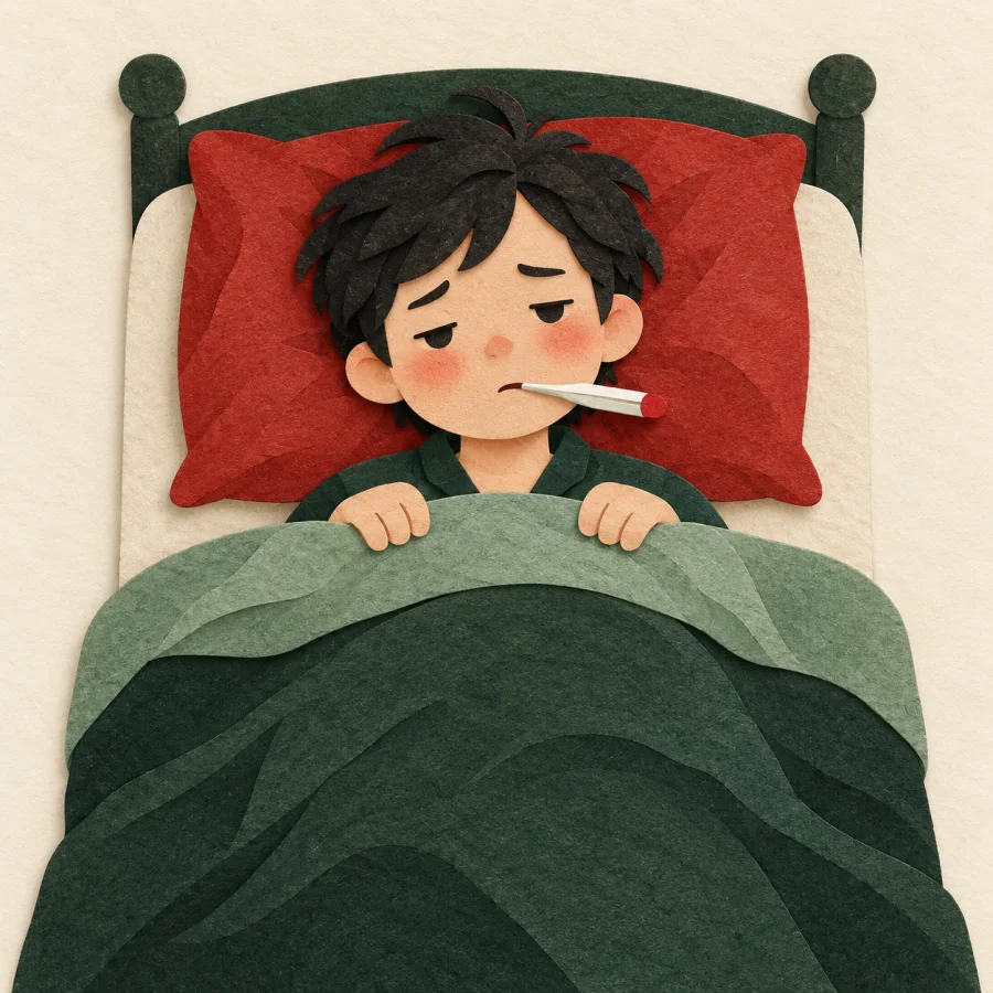 A sick person lying in bed with a thermometer