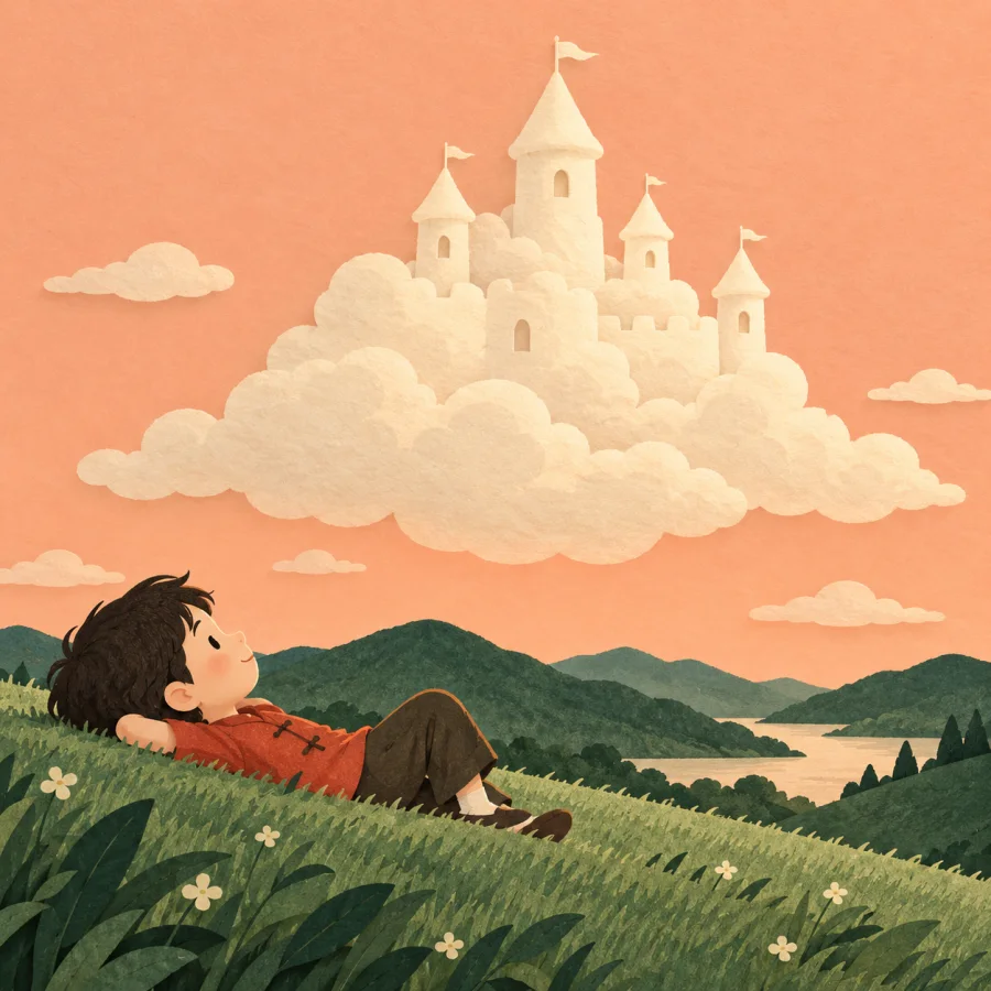 A child gazing at a cloud shaped like a castle