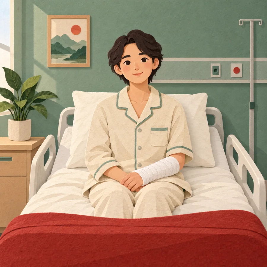 A person with a bandaged arm sitting on a hospital bed