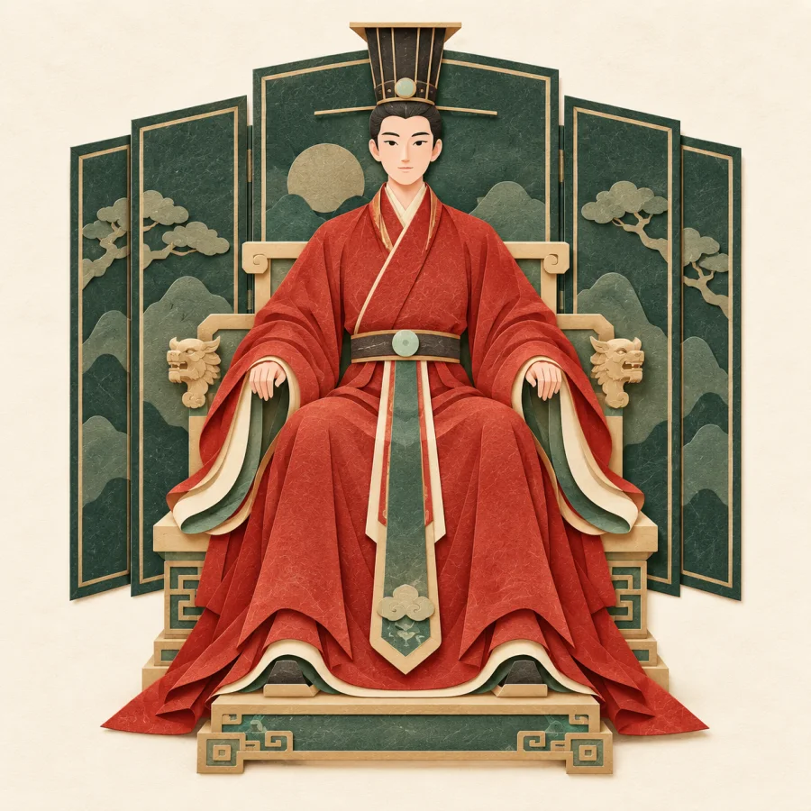 A person in red robes and a tall crown on a throne