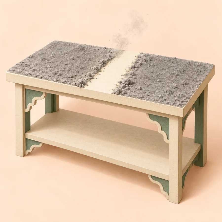 A shelf covered in dust with one wiped stripe