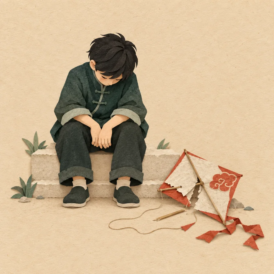 A slumped person sitting beside a broken kite