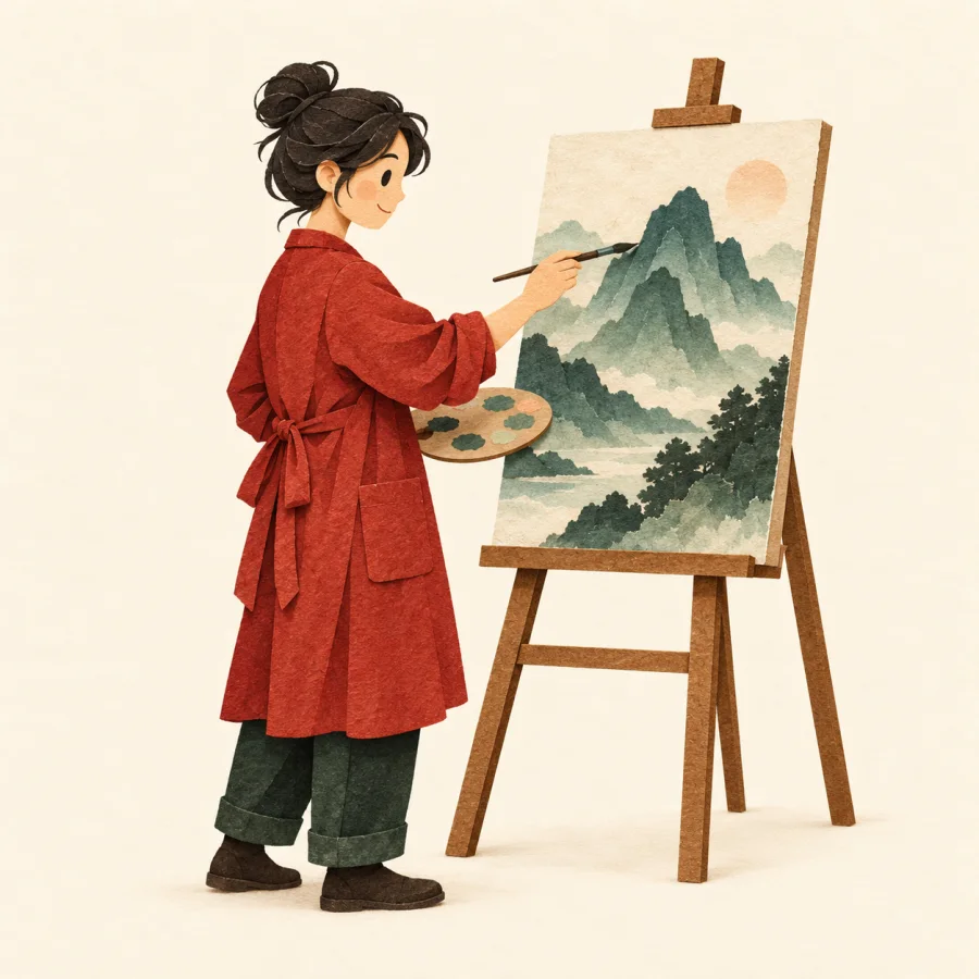 A person painting a landscape on an easel