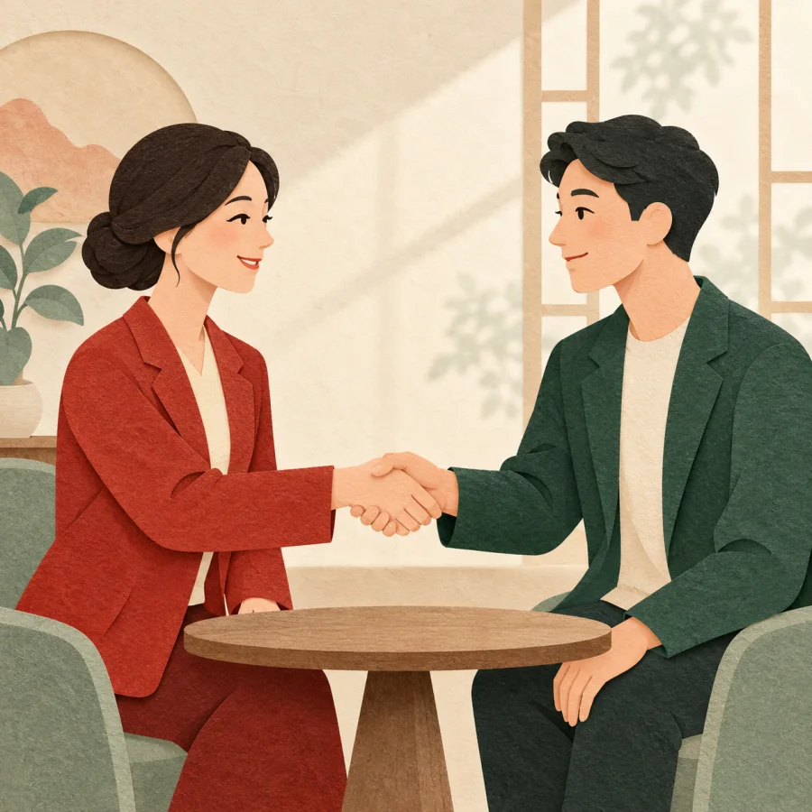 Two people shaking hands across a table