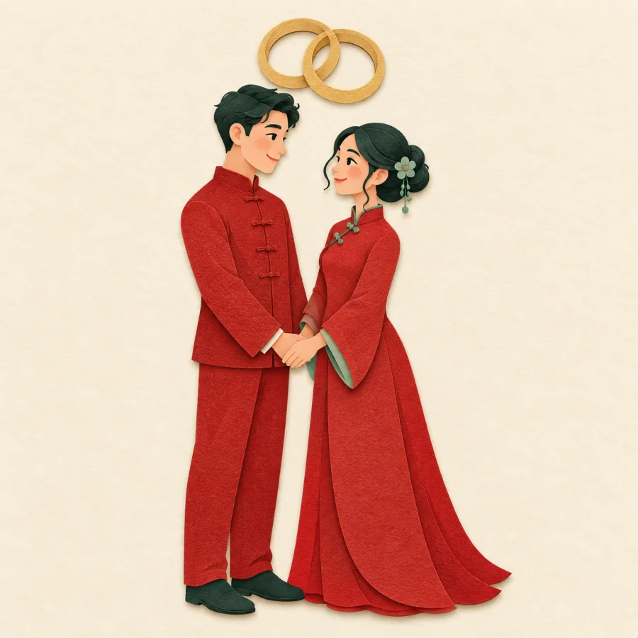 A couple holding hands with two rings above