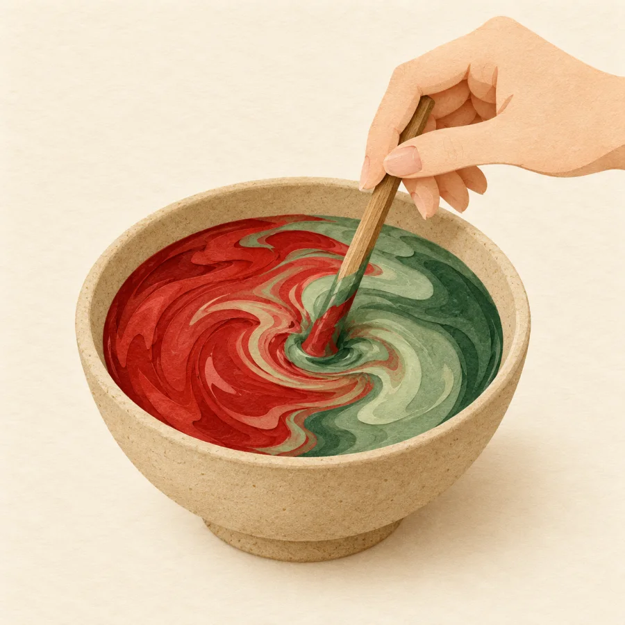 A hand stirring red and green paint in a bowl