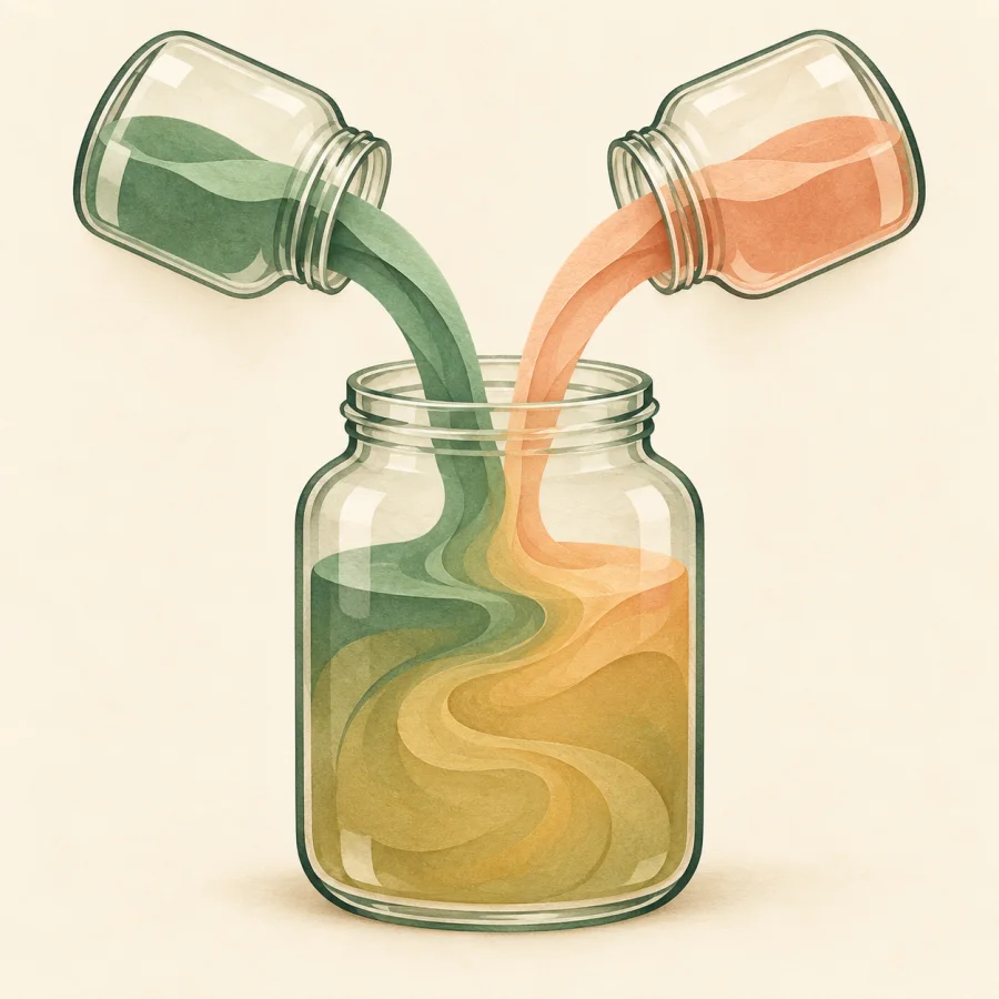 Two jars pouring colored liquid into one big jar