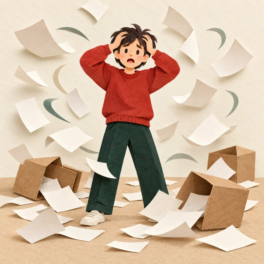 A person holding their head amid flying papers