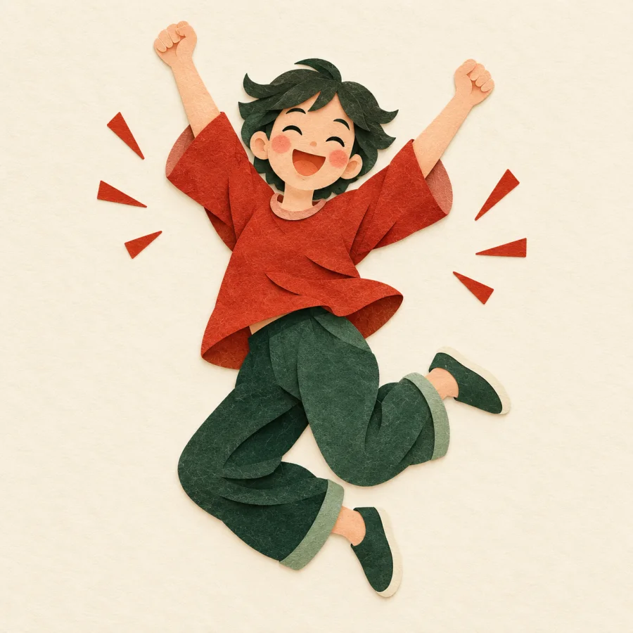 A cheerful person leaping with raised arms