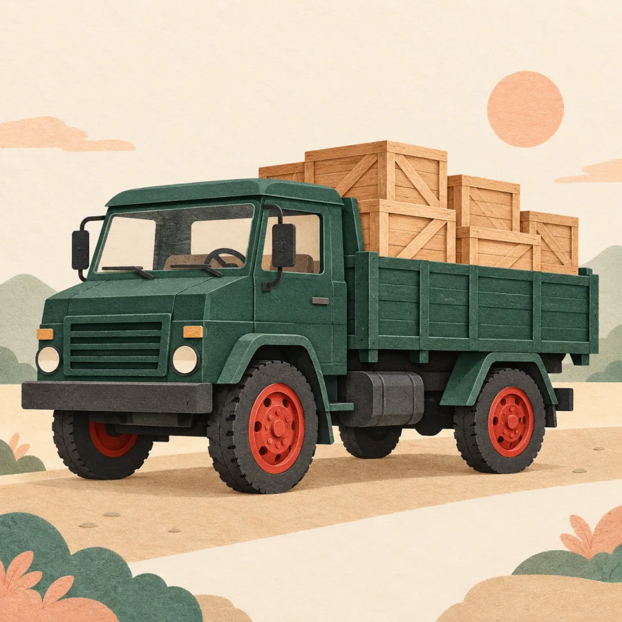 A truck loaded with crates driving on a road