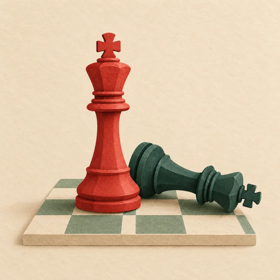 A red chess king standing over a toppled green king