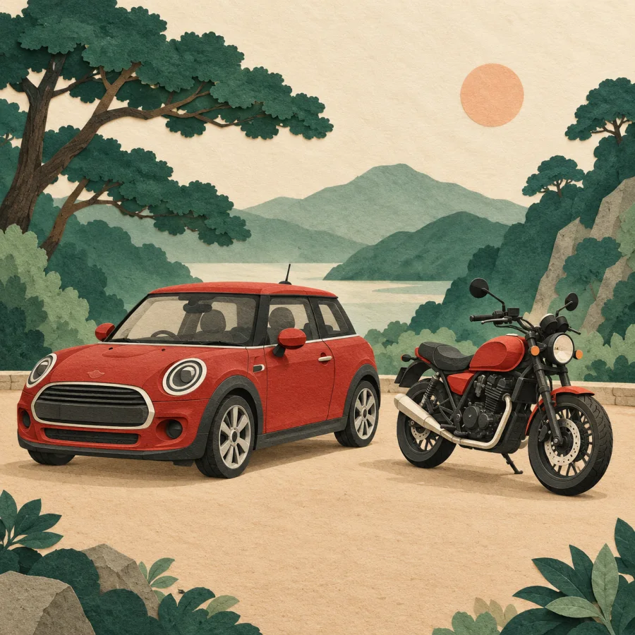 A car and a motorbike side by side on a road