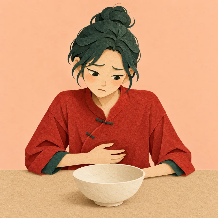 A person holding their stomach before an empty bowl