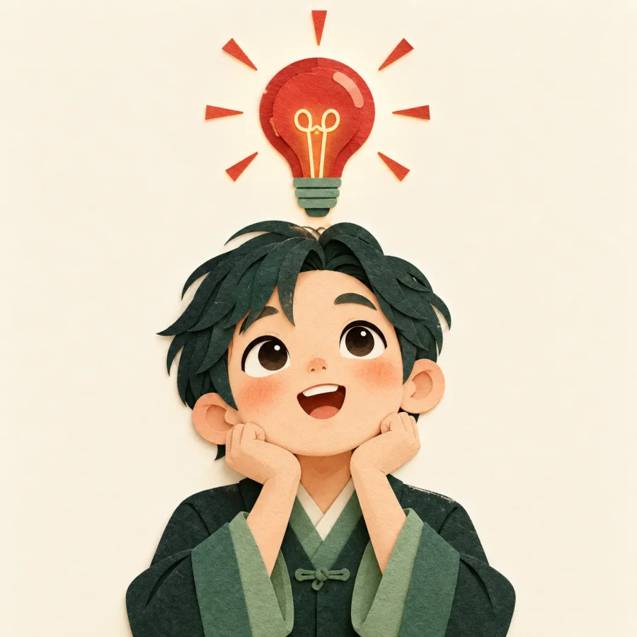 A student looking up at a glowing bulb above their head