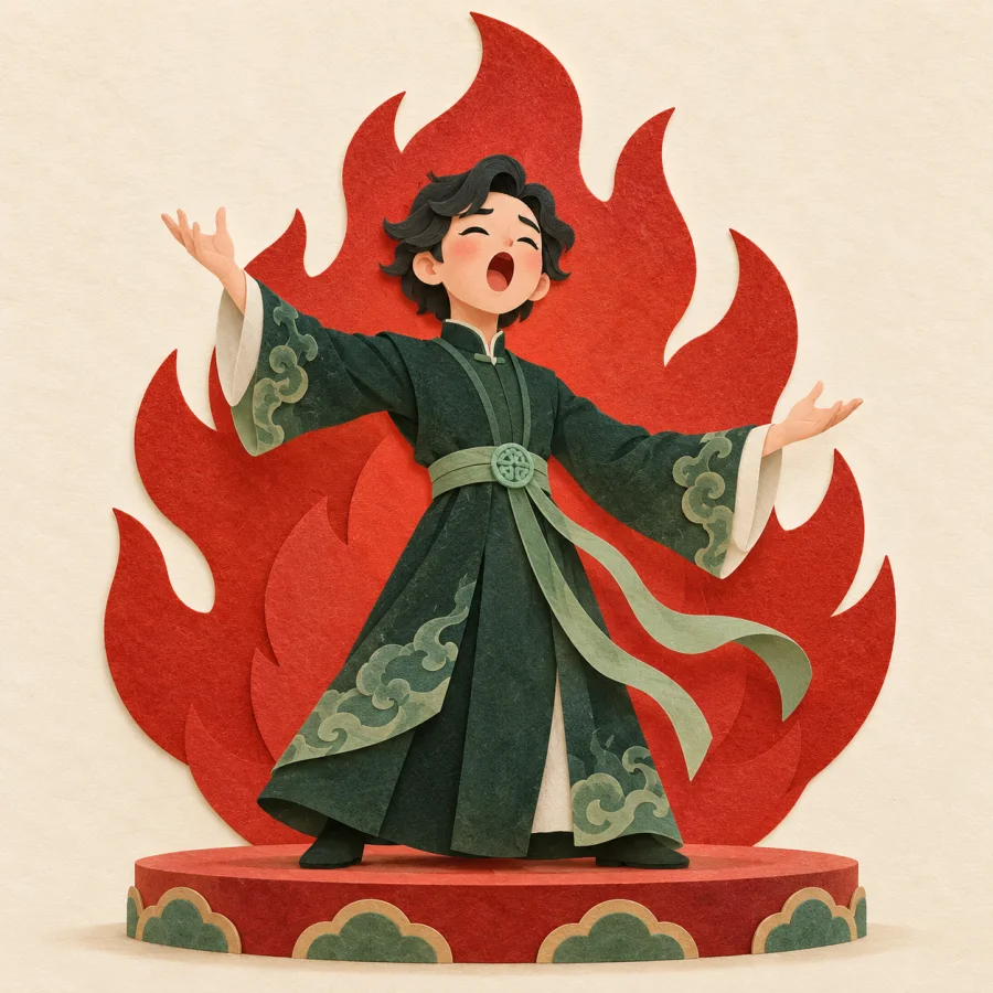 A person with raised arms before a red flame