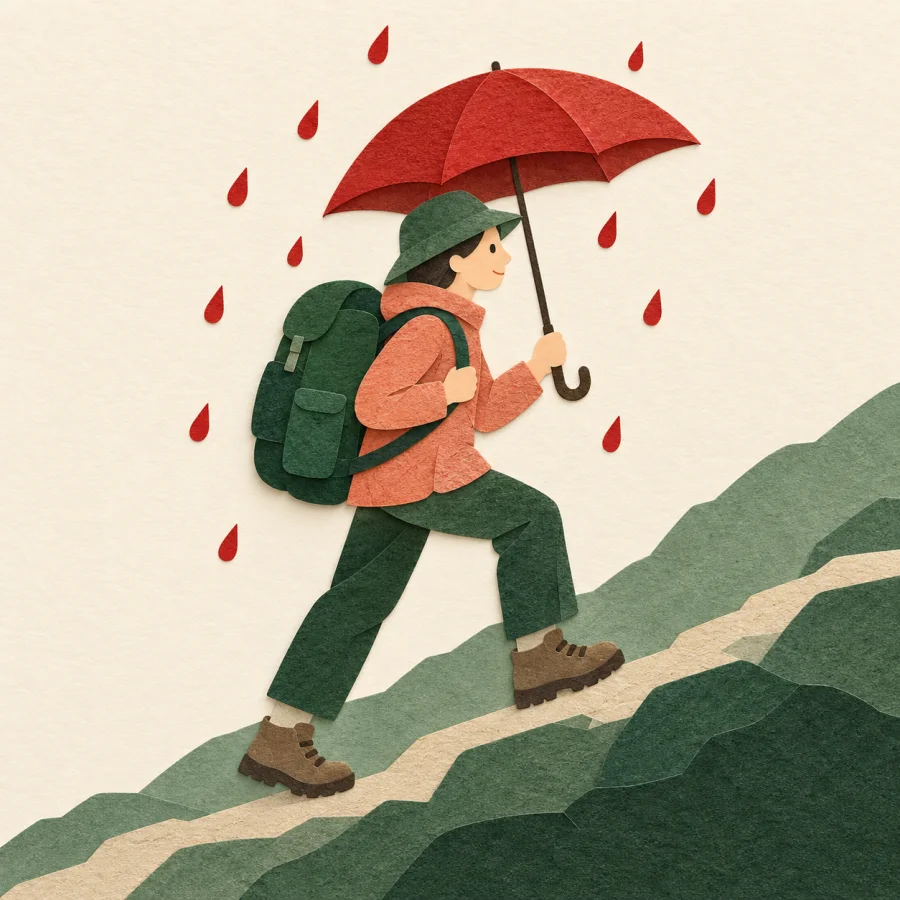 A hiker with an umbrella climbs a hill in rain