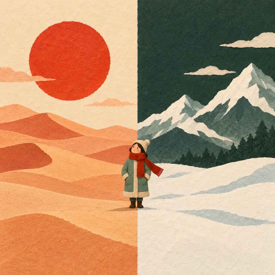 A blazing sun over sand beside snowy mountains