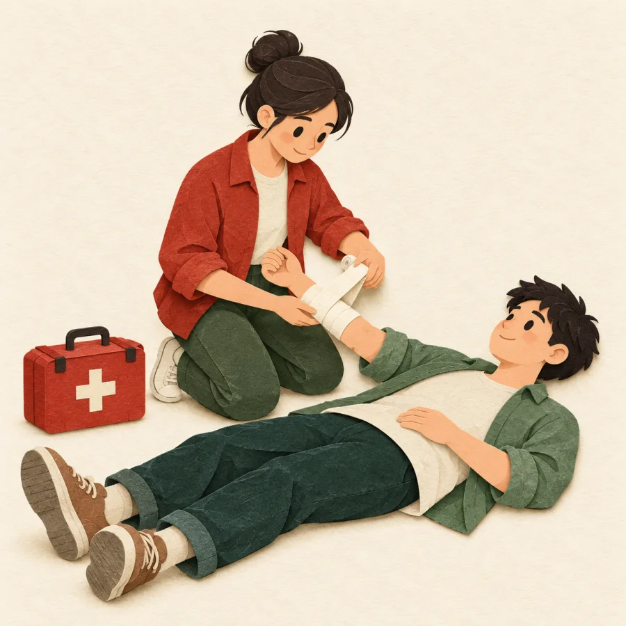 A person bandages the arm of someone lying down