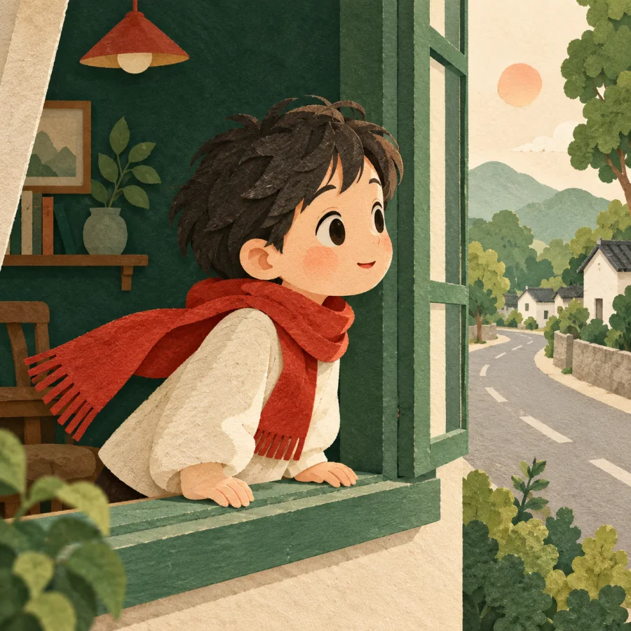 A child leans on a windowsill, watching the road